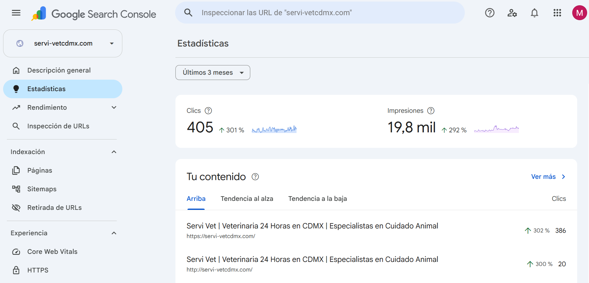 Gráfica de estadísticas de tráfico orgánico de un sitio web entregado, con crecimiento en los últimos tres meses